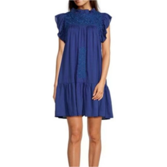 J. Marie Embroidered Ruffled Flutter Sleeve Tiered Dress NWT Cobalt Blue XS - Picture 9 of 9